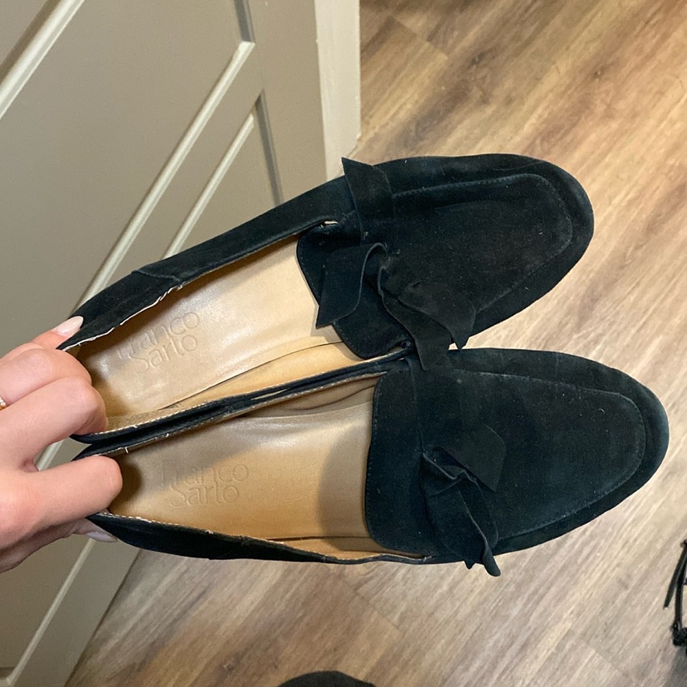 Franco Sarto black suede bow loafers